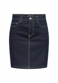 Ciemnoniebieska spódnica jeansowa o klasycznym kroju, z pięcioma kieszeniami, srebrnymi guzikami oraz kontrastującymi jasnymi stębnowaniami. Gładka tekstura i długość do kolan.