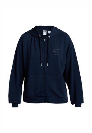 Sweat-shirt à capuche zippé bleu marine en tissu doux, avec une poche avant, une capuche à cordon de serrage et un logo brodé sur la poitrine.