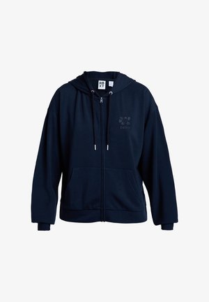 Sweat-shirt à capuche zippé bleu marine en tissu doux, avec une poche avant, une capuche à cordon de serrage et un logo brodé sur la poitrine.