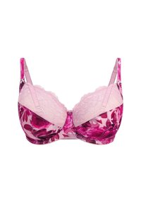 Purple floral-patterned bra with lace trim, underwire support, and adjustable straps; features a satin-like texture and decorative hardware.