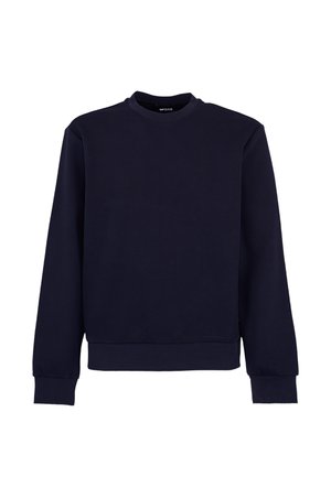 Granatowa bluza z długim rękawem i okrągłym dekoltem, z prążkowanymi mankietami i dolnym wykończeniem, wyświetlona na białym tle.