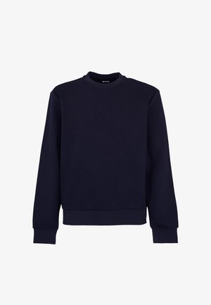 Sweat-shirt bleu marine à manches longues avec col rond et poignets et ourlet côtelés, présenté sur fond blanc.