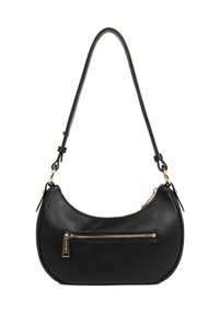 Borsa a tracolla in pelle nera con design curvo, accenti in metallo dorato sulla cerniera e una sola tracolla, dotata di una tasca frontale con chiusura a zip.