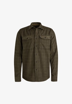 Olivengrünes karriertes Hemd mit Knopfleiste, zwei Brusttaschen und langen Ärmeln. Hergestellt aus weichem Stoff mit strukturiertem Finish.