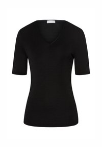 Svart kortärmad V-ringad T-shirt i mjukt material, med en figurnära design och en jämn, slät yta utan mönster eller detaljer.