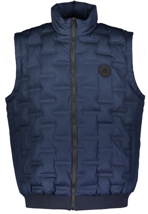 Gilet imbottito navy con colletto alto, zip frontale e tasche laterali; presenta una superficie testurizzata e orlo elastico per un look aderente.