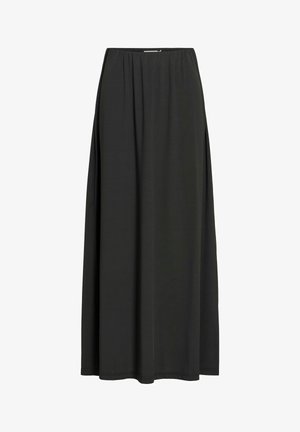 Longue jupe noire avec taille élastique, tissu fluide et lisse, et ourlet longueur cheville.