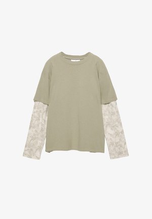Cotton blend, short-sleeve khaki green top with long, patterned light gray sleeves featuring a textured design.