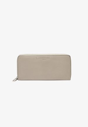 Light gray leather wallet with a smooth texture, zip closure, and embossed logo. Features a rectangular shape and minimalist design.
