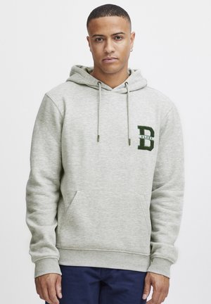 Gray hoodie made of soft fabric, featuring a front pocket, drawstring hood, and embroidered "B" logo in dark green on the chest.