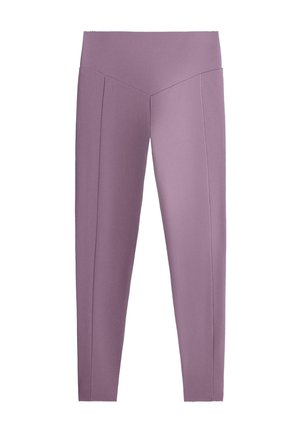 Colanți lavandă cu talie înaltă, cu o cusătură în formă de V sub talie și detalii cu cusături verticale pe fiecare picior.