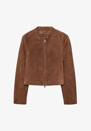 Hnědá semišová bunda s kulatým výstřihem, předním zipem a dlouhými rukávy. Materiál má hladkou, matnou texturu.