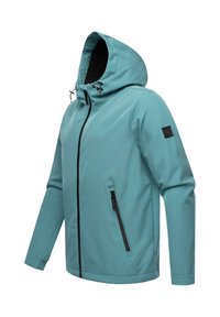 Helle-Türkis wasserfeste Jacke mit Kapuze, Reißverschluss vorne und Seitentaschen. Mit schwarzem Reißverschluss und Logopatch am linken Ärmel.