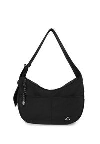 Sac à épaule noir avec bandoulière ajustable, poche avant, cordons de fermeture éclair et un petit logo métallique en forme de cœur argenté.