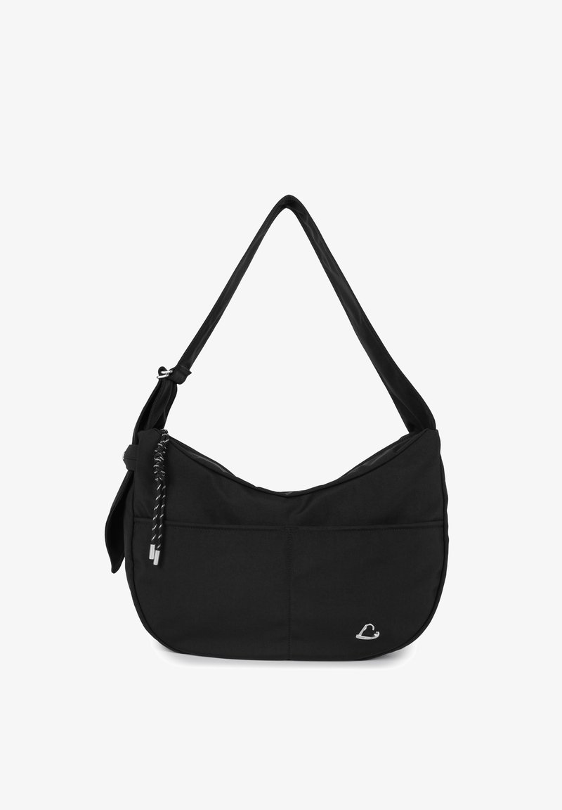 Sac à épaule noir avec bandoulière ajustable, poche avant, cordons de fermeture éclair et un petit logo métallique en forme de cœur argenté.