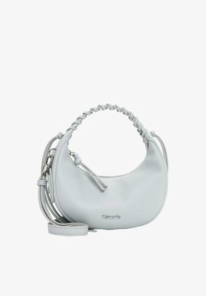 Lichtgrijze leren handtas in de vorm van een halve maan met gevlochten handvat, afneembare schouderriem en een klein metalen logo aan de voorkant.