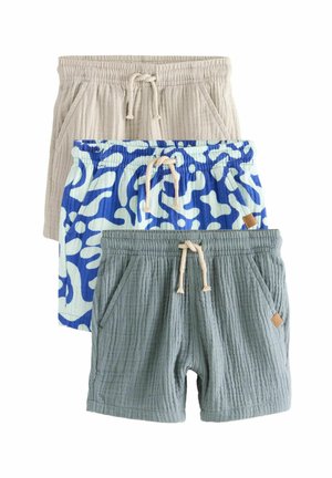 Drei Paar Shorts: hellbeige und grüne strukturierte Baumwolle mit Kordelzug, plus blaues und weißes gemustertes Gewebe in der Mitte.