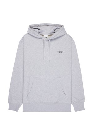 Gray hoodie made of soft fabric, featuring a kangaroo pocket, drawstring hood, and printed logo on the chest. Comfortable fit.