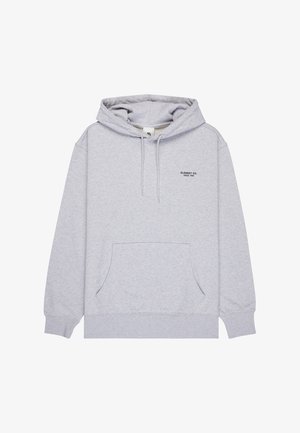 Grijze hoodie gemaakt van zacht materiaal, met een buidelzak, een capuchon met trekkoord en een bedrukt logo op de borst. Comfortabele pasvorm.