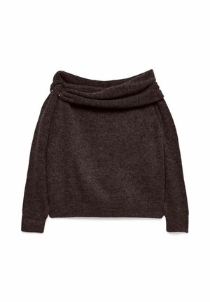 Mørkebrunt sweater lavet af blødt, struktureret stof. Har en bred, foldet krave og lange ærmer med en afslappet pasform.