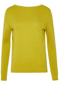 Pull tricoté jaune moutarde à manches longues avec poignets côtelés et encolure ronde, présenté sur un fond blanc.