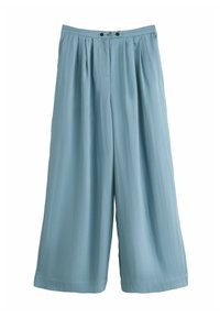 Jasnoniebieskie spodnie z szerokimi nogawkami, wykonane z teksturowanej tkaniny, z wysokim stanem, dwoma guzikami z przodu i luźnym krojem.