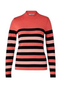 Pull corail rose à manches longues avec des rayures horizontales noires et rose clair et un col rond haut.