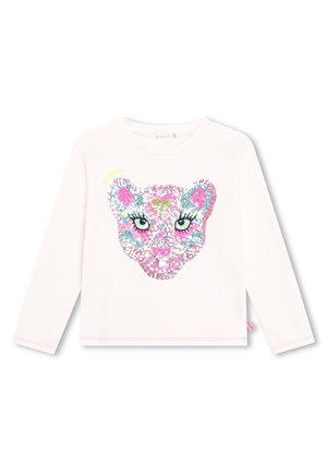 Hvid børnetrøje med lange ærmer med et farverigt, palietbesat leopardansigt i pink, blå og grøn på forsiden.