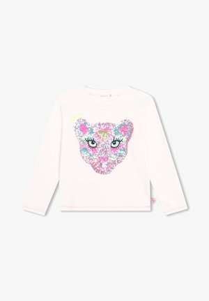 Hvid børnetrøje med lange ærmer med et farverigt, palietbesat leopardansigt i pink, blå og grøn på forsiden.