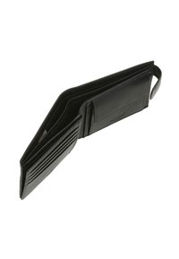 Billetera de cuero negra con múltiples ranuras para tarjetas, un compartimento más grande y una superficie texturizada. Presenta un borde cosido y un detalle con el logotipo.