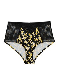 Culottes taille haute avec un motif floral noir comportant des fleurs jaunes. Bord supérieur en dentelle noire texturée et accents bleu clair. Matière douce.
