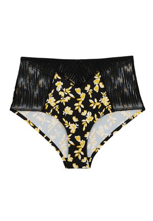 Culottes taille haute avec un motif floral noir comportant des fleurs jaunes. Bord supérieur en dentelle noire texturée et accents bleu clair. Matière douce.