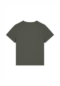 Donkergroen, T-shirt met korte mouwen en een ronde hals. Gladde textuur en eenvoudig ontwerp, zonder graphics of versieringen.