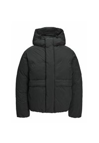 Daunenjacke in Dunkelgrau mit Kapuze, ausgestattet mit einem Reißverschluss, einem leicht übergroßen Schnitt und zwei horizontalen Fronttaschen. Glatte Textur.