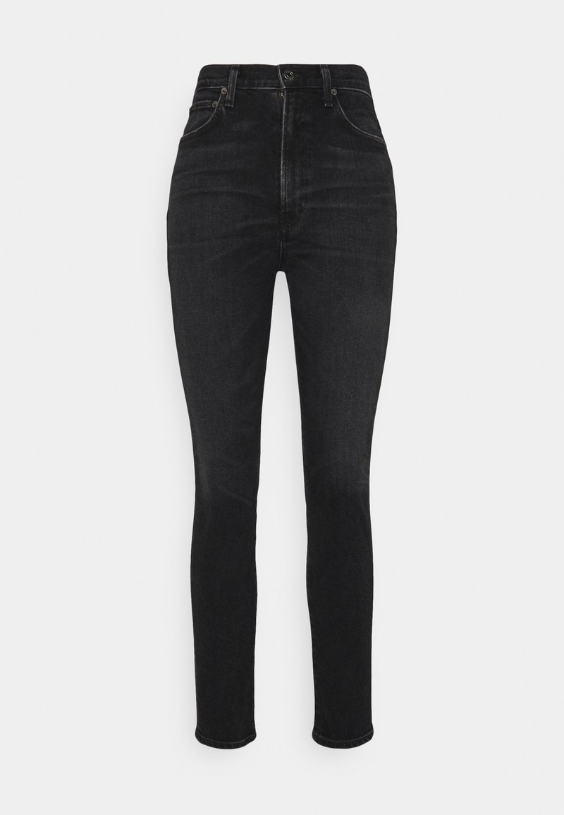 Jean skinny noir taille haute avec poches avant et arrière, fermeture par bouton et zip, coupe slim avec jambes fuselées.
