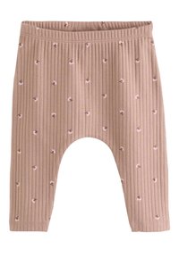 Leggings bébé côtelés beige avec petits imprimés floraux roses et marron, taille élastique et design à entrejambe tombante.