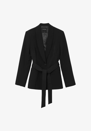 Schwarzer Blazer aus glattem Stoff, mit Schalkragen, einem Knopfverschluss und einem gebundenen Gürtel in der Taille sowie langen Ärmeln.