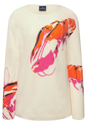 Weißer Strickpullover mit langen Ärmeln, der ein auffälliges Hummer-Motiv in Pink, Orange und Schwarz zeigt. Rundhalsausschnitt, strukturierter Stoff.