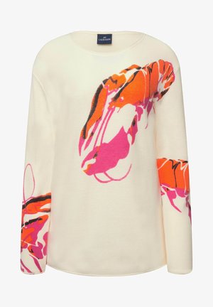 Biały sweter dzianinowy z długimi rękawami, zdobiony wyrazistym nadrukiem homara w odcieniach różu, pomarańczu i czerni. Okrągły dekolt, teksturowany materiał.