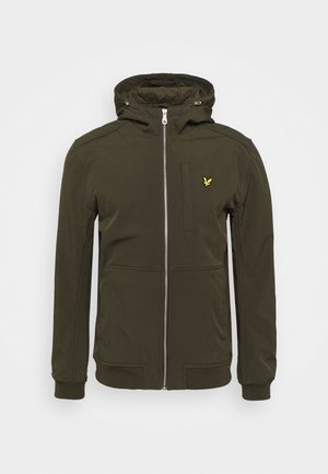 Giacca con zip verde oliva, dotata di cappuccio, con una tasca frontale, polsini a coste e un logo giallo sul lato sinistro del petto. Tessuto morbido.