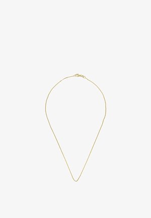 Collana sottile in oro con chiusura a moschettone piccolo su sfondo bianco, disposta a forma di V aperta.