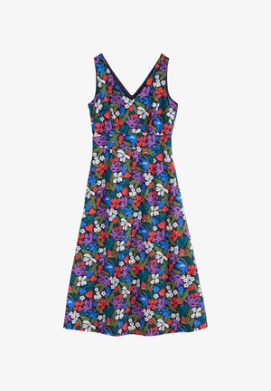 Cvjetna haljina s pripijenim korzetom, V-izrezom i bez rukava. Sadrži višebojni uzorak na tamnoj pozadini.