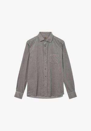 Šedá košeľa s dlhým rukávom vyrobená z textúrovanej látky, s tlačným zapínaním, golierom a jedným vreckom na hrudi.
