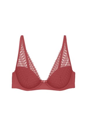 Rode kanten bralette met een diepe V-halsontwerp, een getextureerd frontpaneel en verstelbare banden. Heeft een kleine metalen sluiting in het midden.