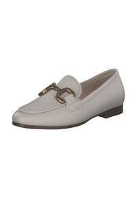 White leather loafers with a round toe, featuring a gold metal hardware accent on the front. Low, brown rubber heel. Textured surface.