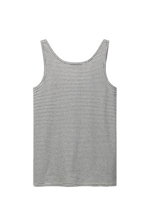 Débardeur rayé avec un col rond, sans manches, en tissu léger avec des rayures noires et blanches alternées.