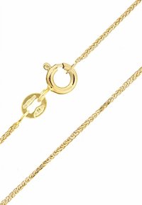 Zlatna narukvica s lancem sa uvijenim dizajnom, s okruglom kopčom i označenom pločicom. Glatka tekstura s sjajnim završetkom.