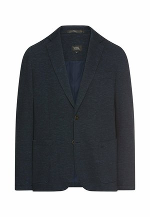 Navyblauwe blazer van een gestructureerde stof met twee voorzakken en een enkele knoopsluiting. Slanke pasvorm met gelapte revers en een gevoerde binnenkant.