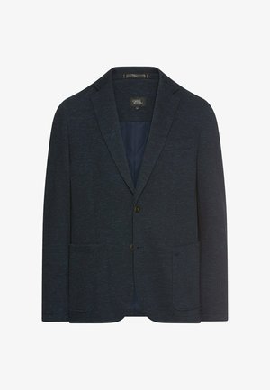 Navyblauwe blazer van een gestructureerde stof met twee voorzakken en een enkele knoopsluiting. Slanke pasvorm met gelapte revers en een gevoerde binnenkant.