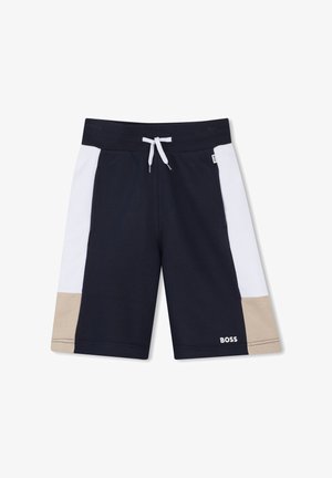 Marineblauwe shorts van katoen, met witte en beige zijpanelen, een elastische tailleband met trekkoord en het "BOSS"-logo op de linker onderkant.